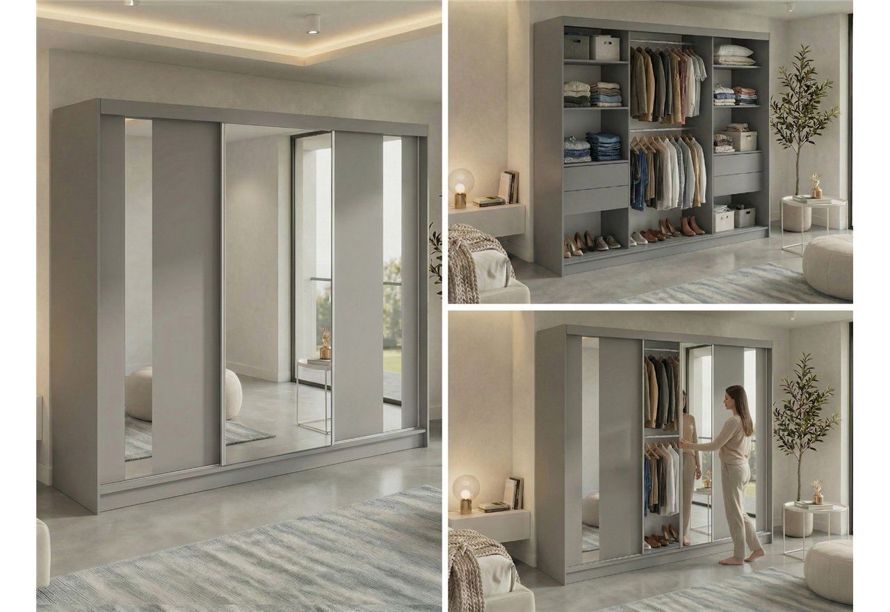 Szafa przesuwna GRECJA 240 cm - szary z lustrem + 4 szuflady