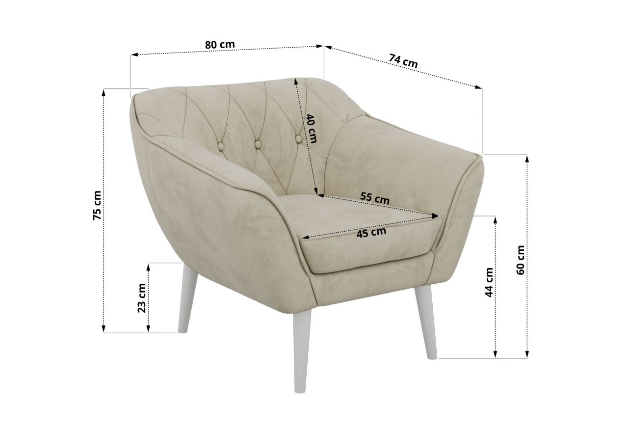 Fotel PIRS - kremowy, welwet - nóżki,  biały