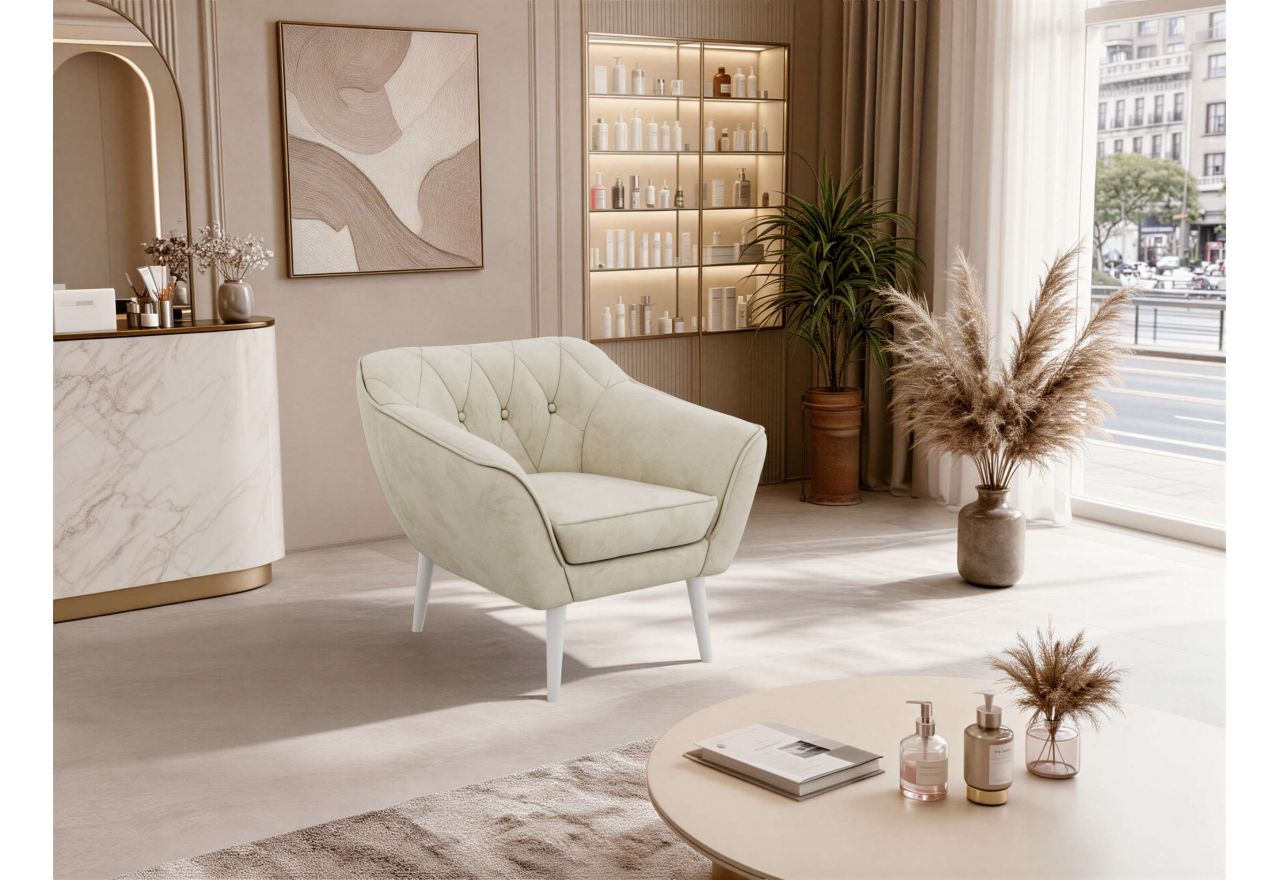 Fotel PIRS - kremowy, welwet - nóżki,  biały