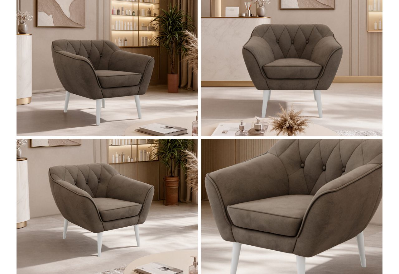 Fotel PIRS - brązowy, welwet - nóżki,  biały