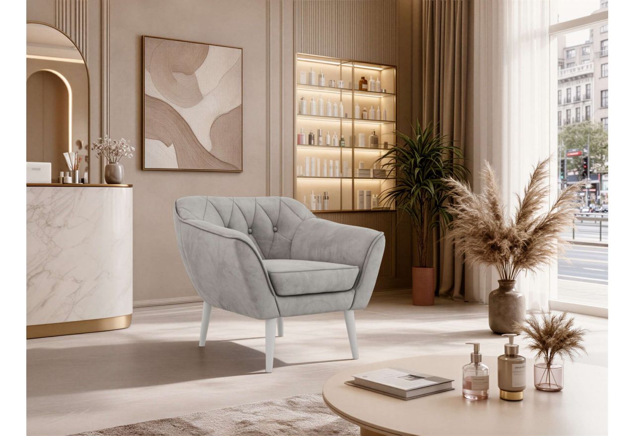 Fotel PIRS - jasnoszary, welwet - nóżki,  biały