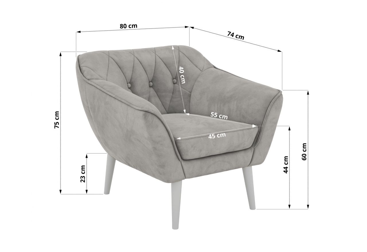 Fotel PIRS - jasnoszary, welwet - nóżki,  biały