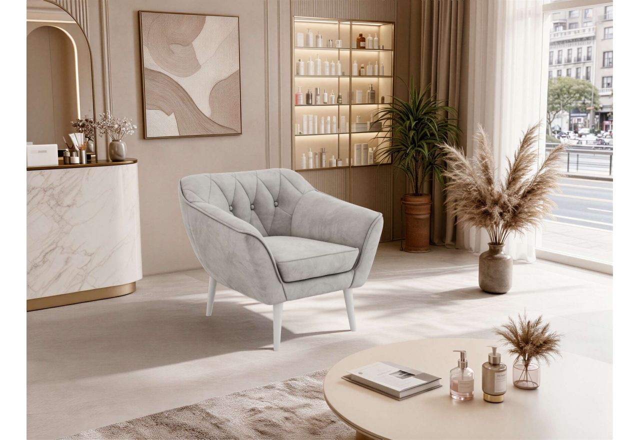 Fotel PIRS - jasnoszary, welwet - nóżki,  biały