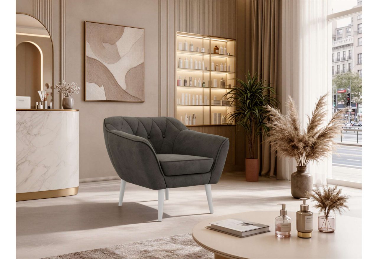 Fotel PIRS - ciemnoszary, welwet - nóżki,  biały