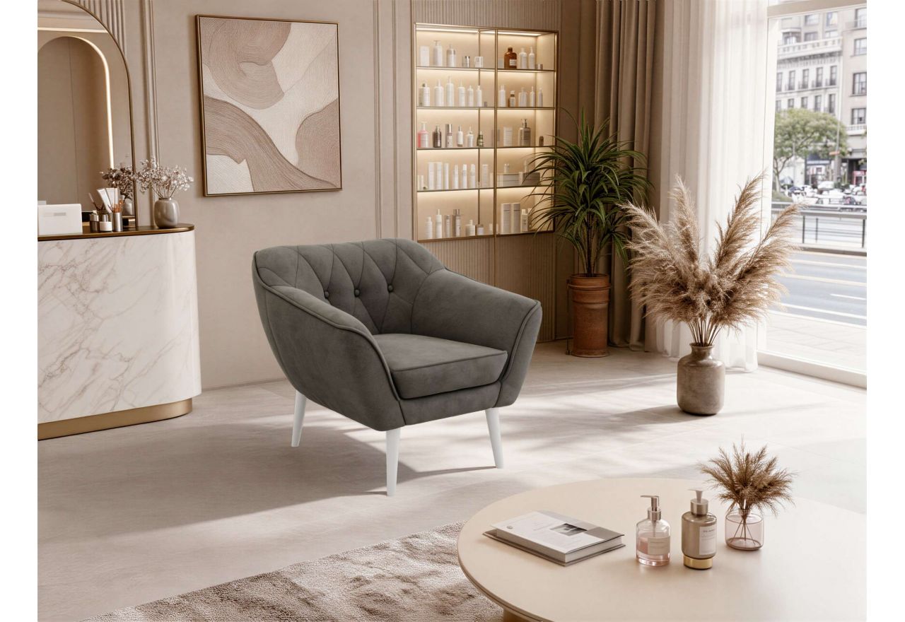 Fotel PIRS - ciemnoszary, welwet - nóżki,  biały