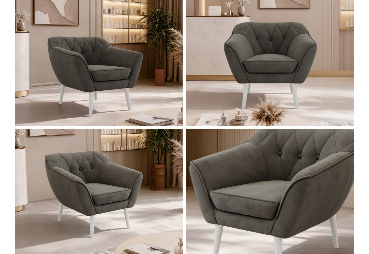 Fotel PIRS - ciemnoszary, welwet - nóżki,  biały