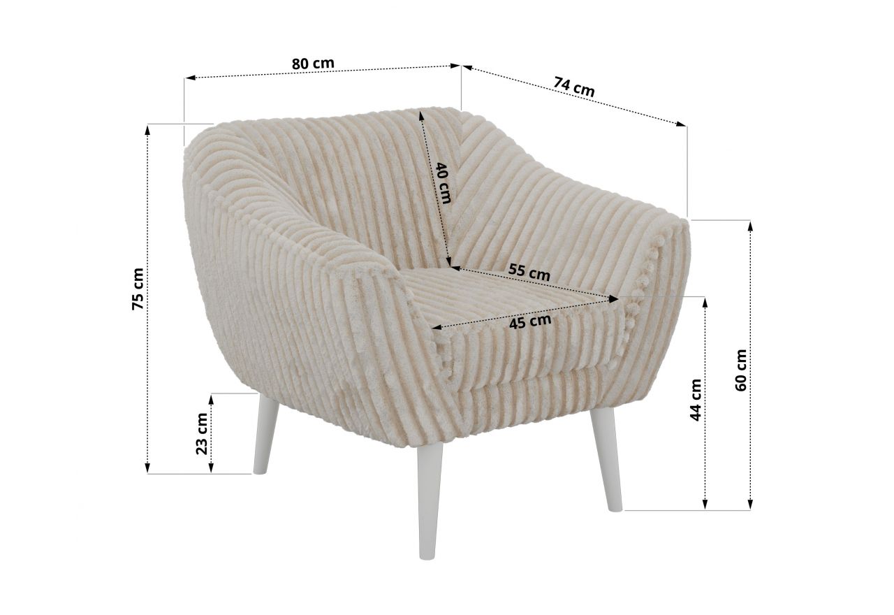 Fotel PIRS - beżowy, sztruks - nóżki,  biały