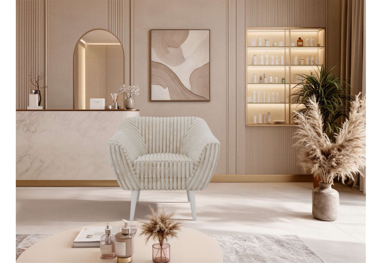 Fotel PIRS - beżowy, sztruks - nóżki,  biały