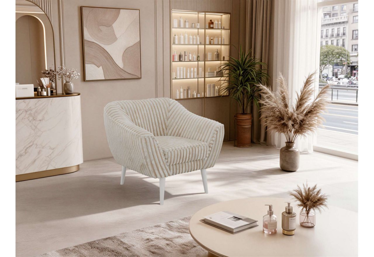 Fotel PIRS - beżowy, sztruks - nóżki,  biały