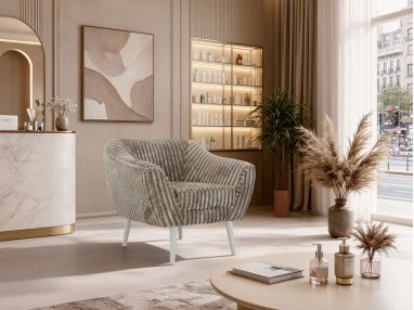 Fotel PIRS - jasnobrązowy, sztruks - nóżki,  biały