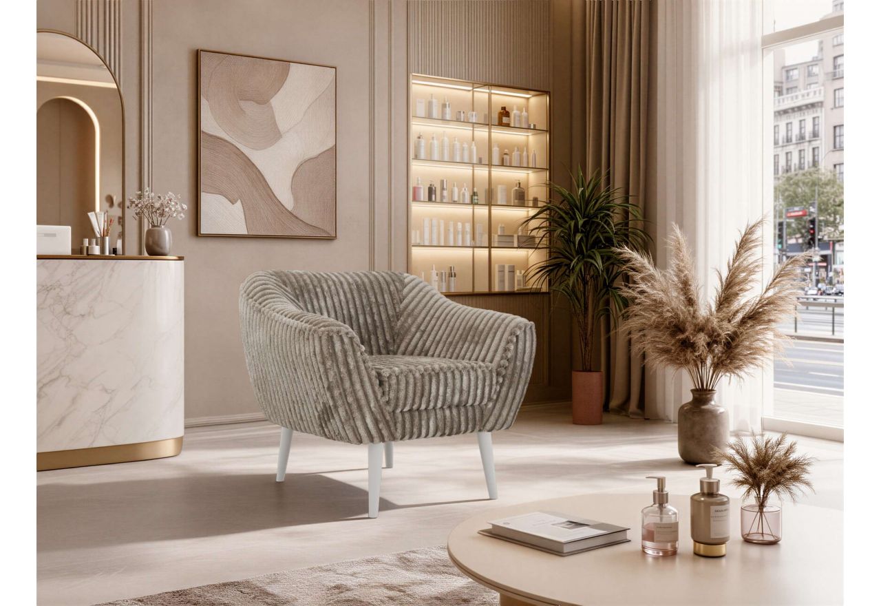 Fotel PIRS - jasnobrązowy, sztruks - nóżki,  biały