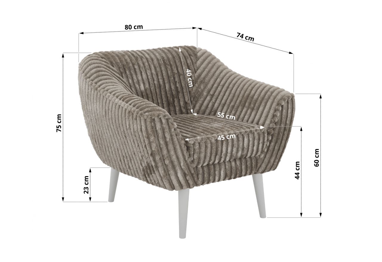 Fotel PIRS - jasnobrązowy, sztruks - nóżki,  biały