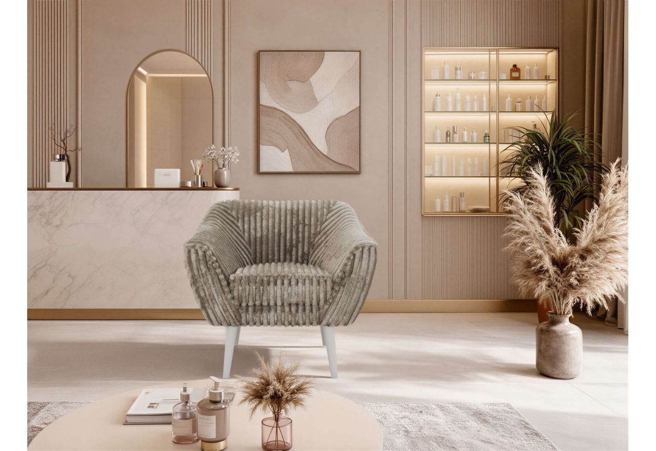 Fotel PIRS - jasnobrązowy, sztruks - nóżki,  biały