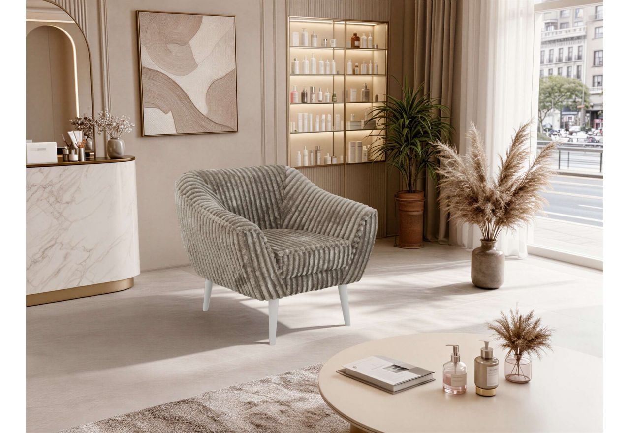 Fotel PIRS - jasnobrązowy, sztruks - nóżki,  biały