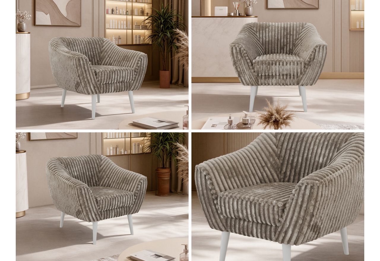 Fotel PIRS - jasnobrązowy, sztruks - nóżki,  biały