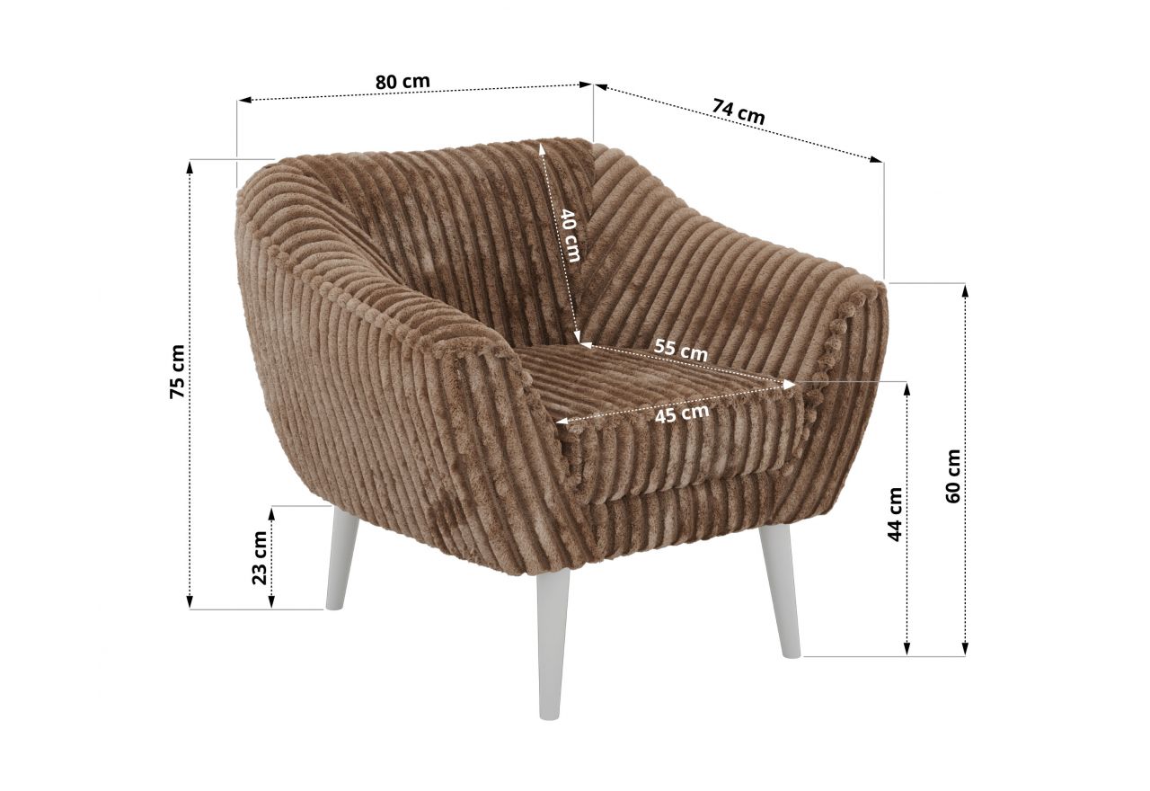 Fotel PIRS - brązowy, sztruks - nóżki,  biały