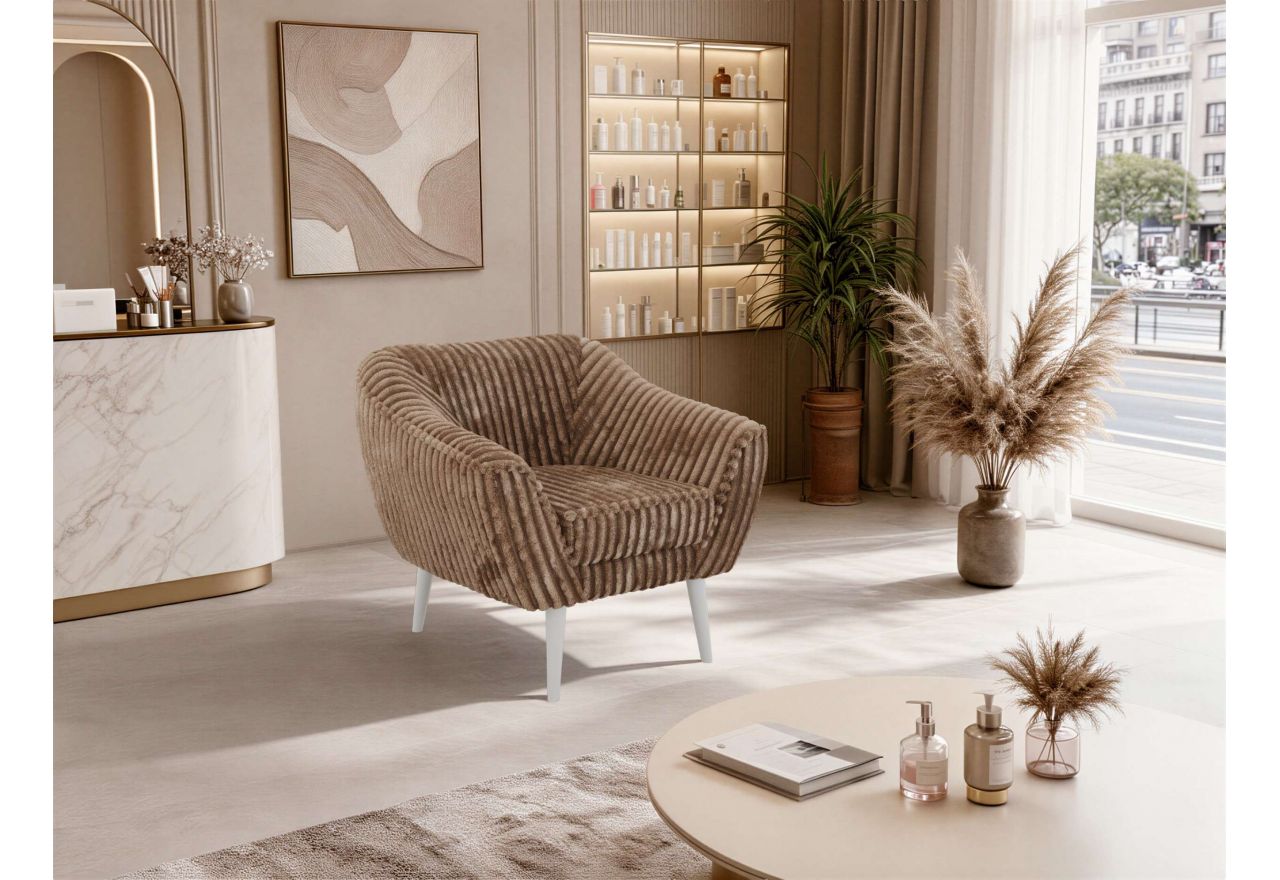 Fotel PIRS - brązowy, sztruks - nóżki,  biały