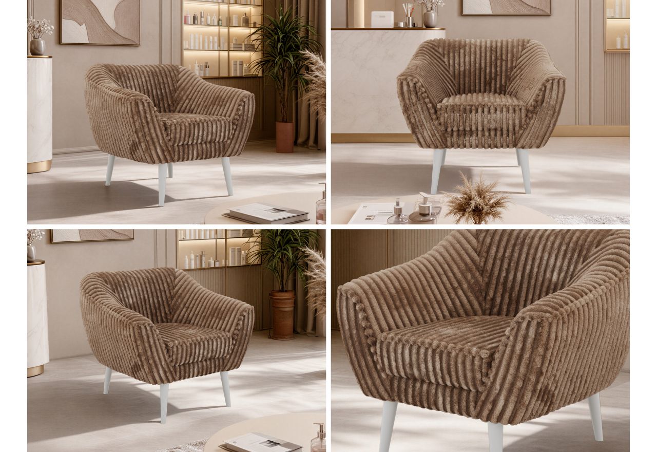 Fotel PIRS - brązowy, sztruks - nóżki,  biały