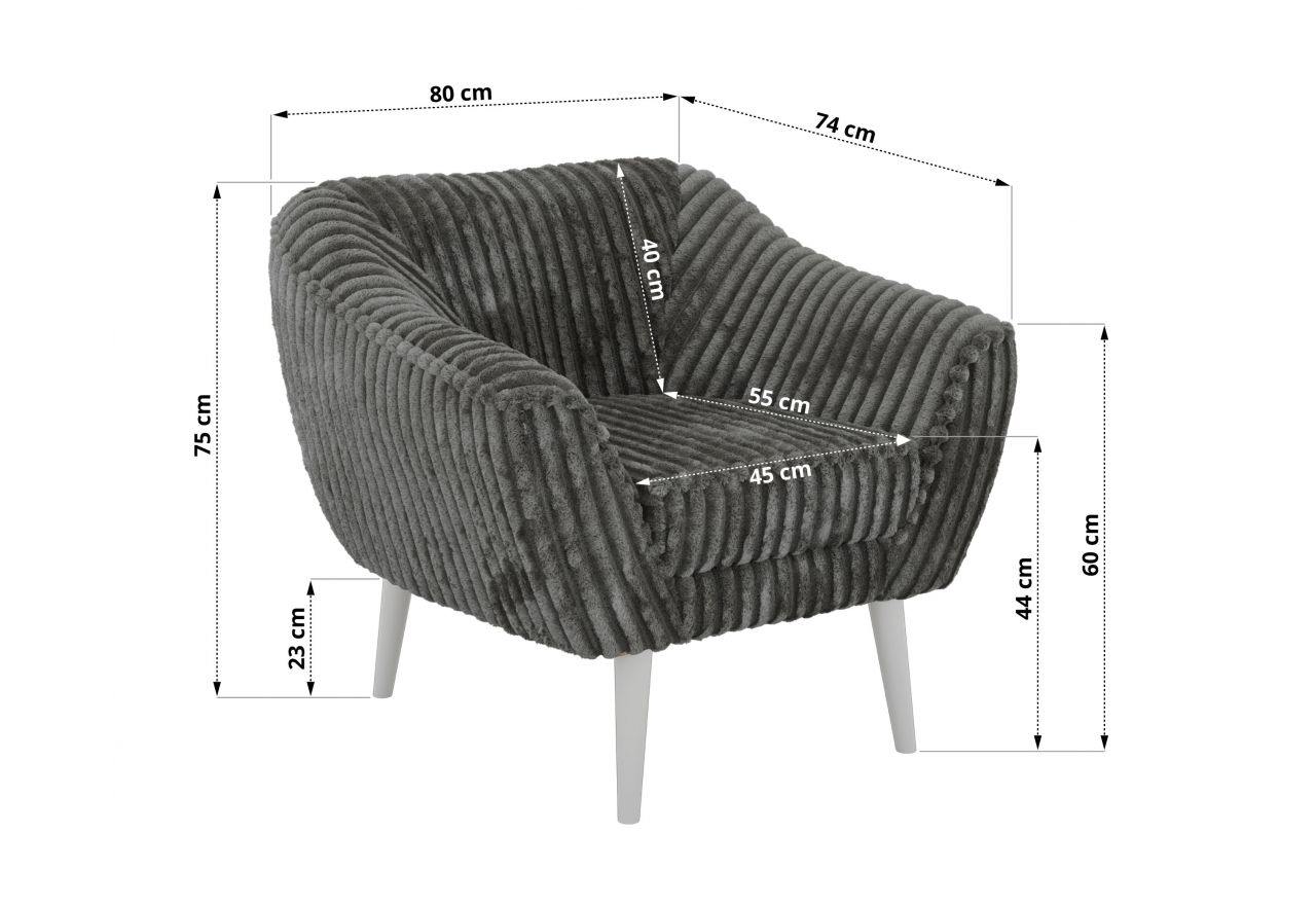 Fotel PIRS - szary, sztruks - nóżki,  biały