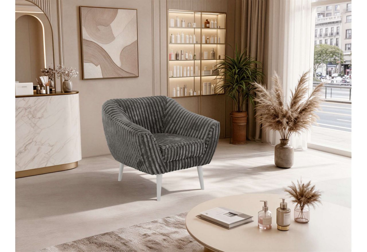 Fotel PIRS - szary, sztruks - nóżki,  biały