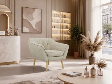 Fotel PIRS - kremowy, welwet - nóżki,  buk