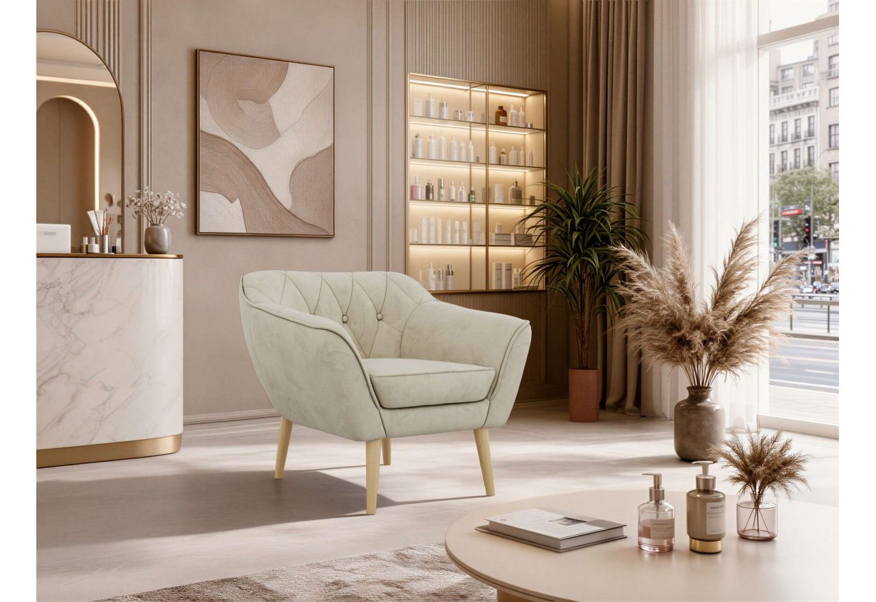 Fotel PIRS - kremowy, welwet - nóżki,  buk