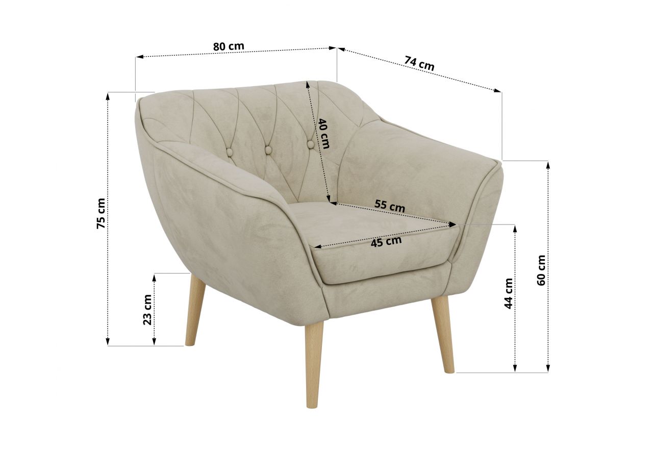 Fotel PIRS - kremowy, welwet - nóżki,  buk