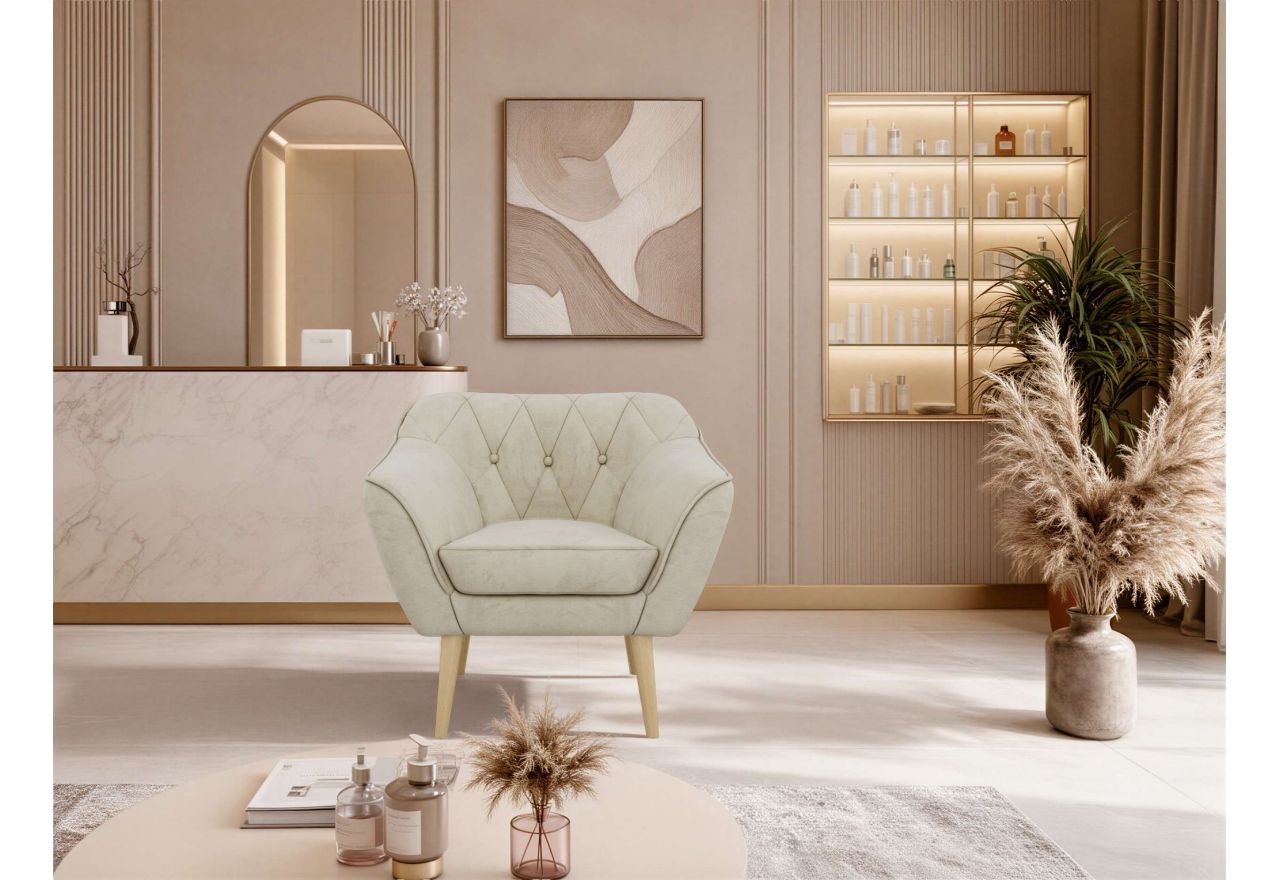 Fotel PIRS - kremowy, welwet - nóżki,  buk