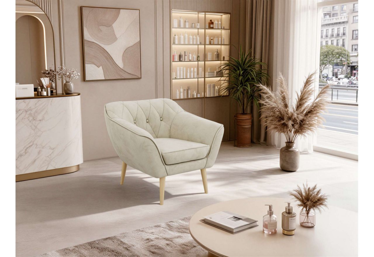 Fotel PIRS - kremowy, welwet - nóżki,  buk