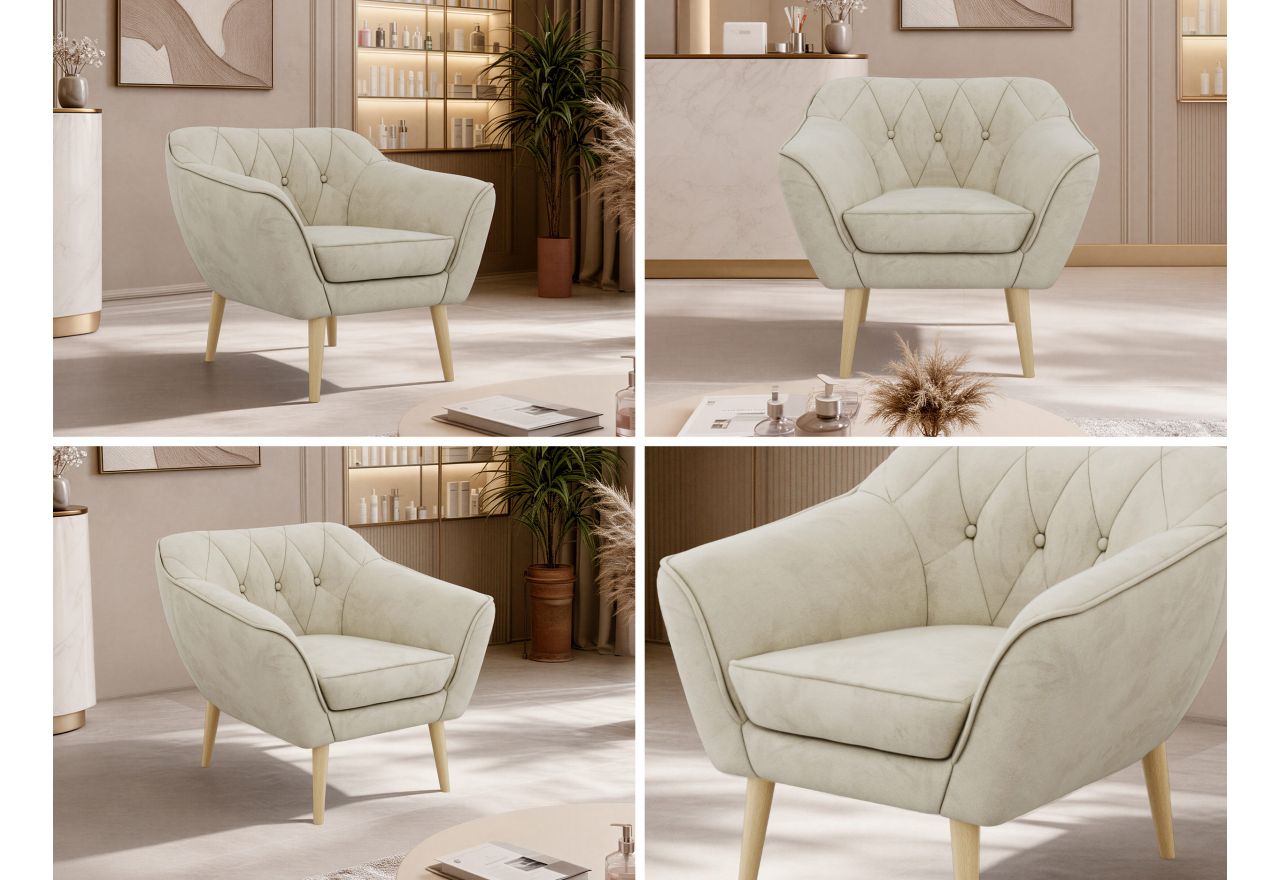 Fotel PIRS - kremowy, welwet - nóżki,  buk