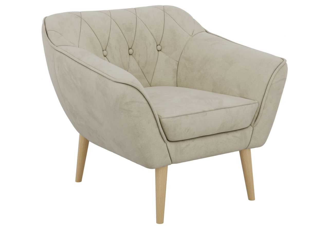 Fotel PIRS - kremowy, welwet - nóżki,  buk