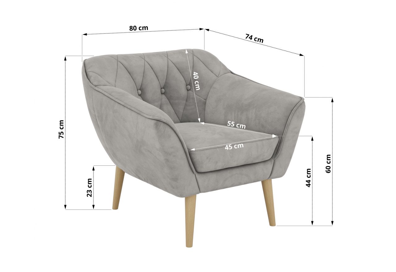 Fotel PIRS - jasnoszary, welwet - nóżki,  buk