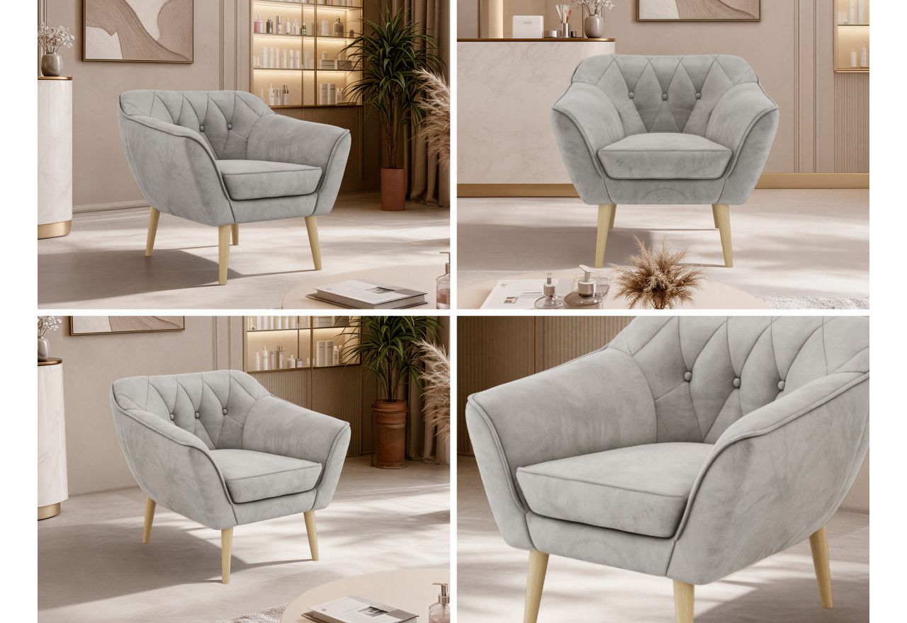 Fotel PIRS - jasnoszary, welwet - nóżki,  buk