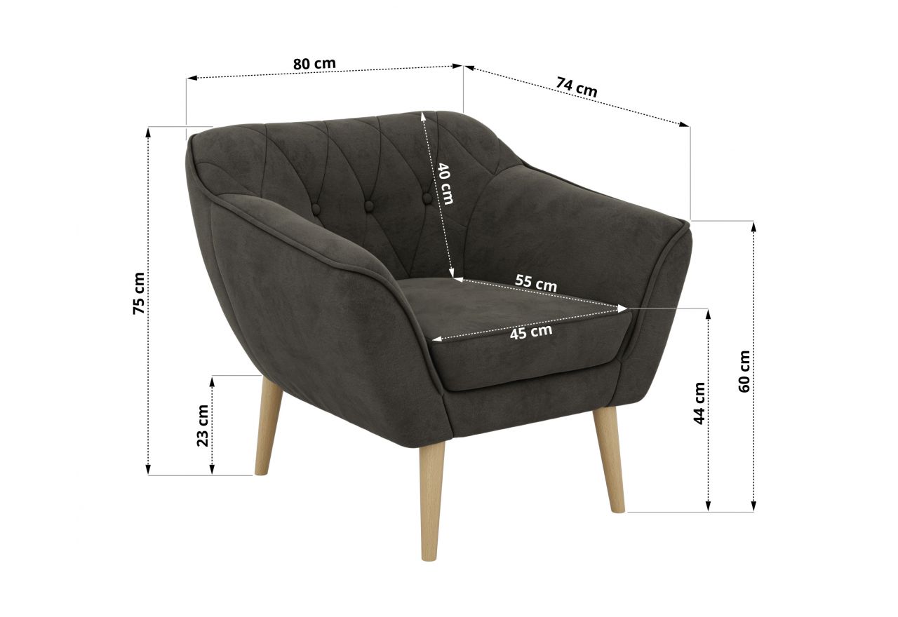 Fotel PIRS - ciemnoszary, welwet - nóżki,  buk