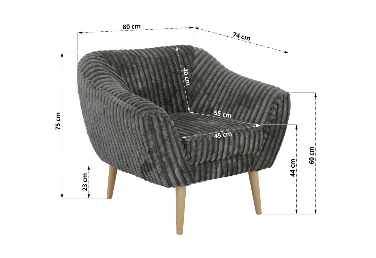 Fotel PIRS - szary, sztruks - nóżki,  buk