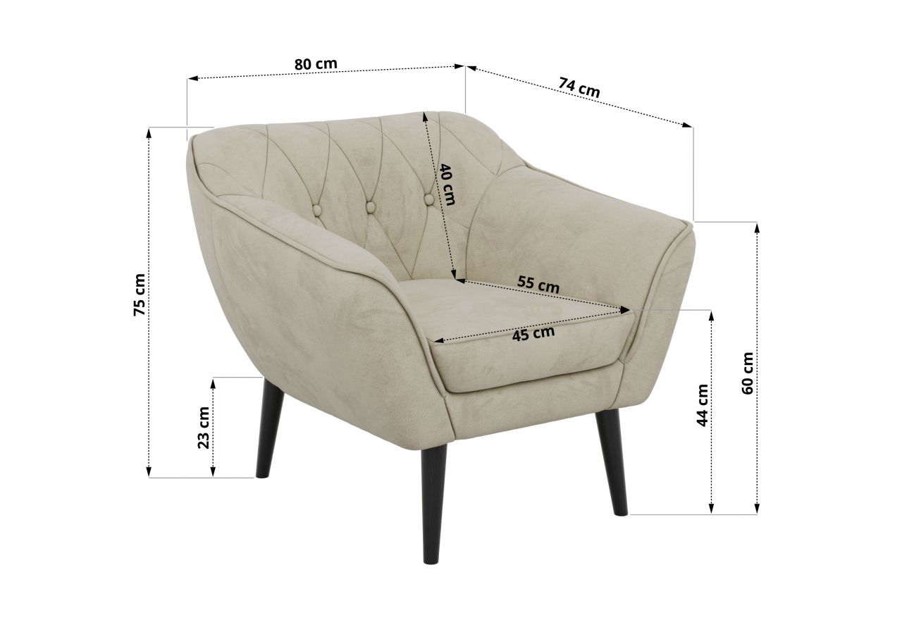 Fotel PIRS - kremowy, welwet - nóżki,  czarny