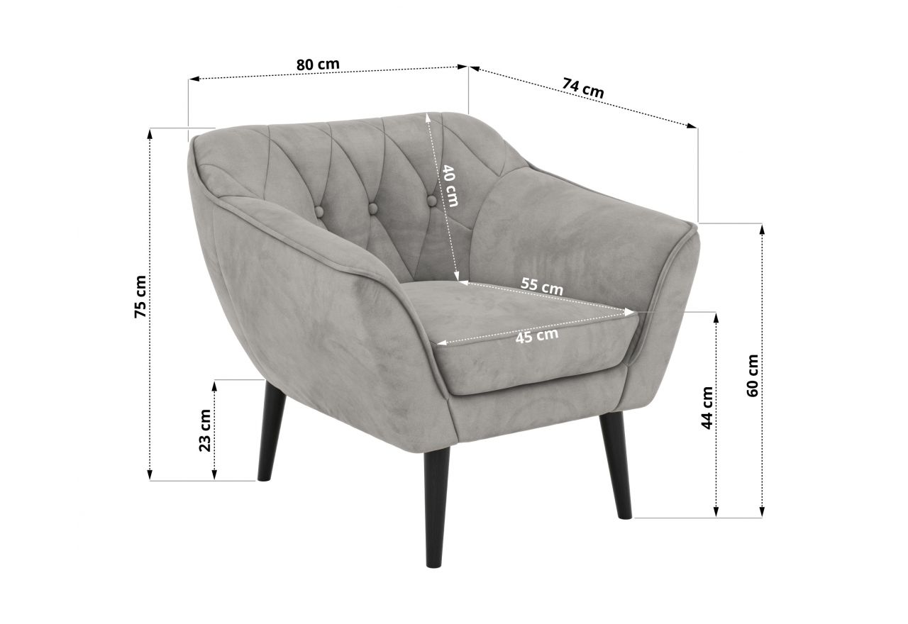 Fotel PIRS - jasnoszary, welwet - nóżki,  czarny