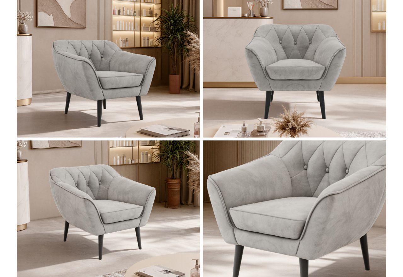 Fotel PIRS - jasnoszary, welwet - nóżki,  czarny