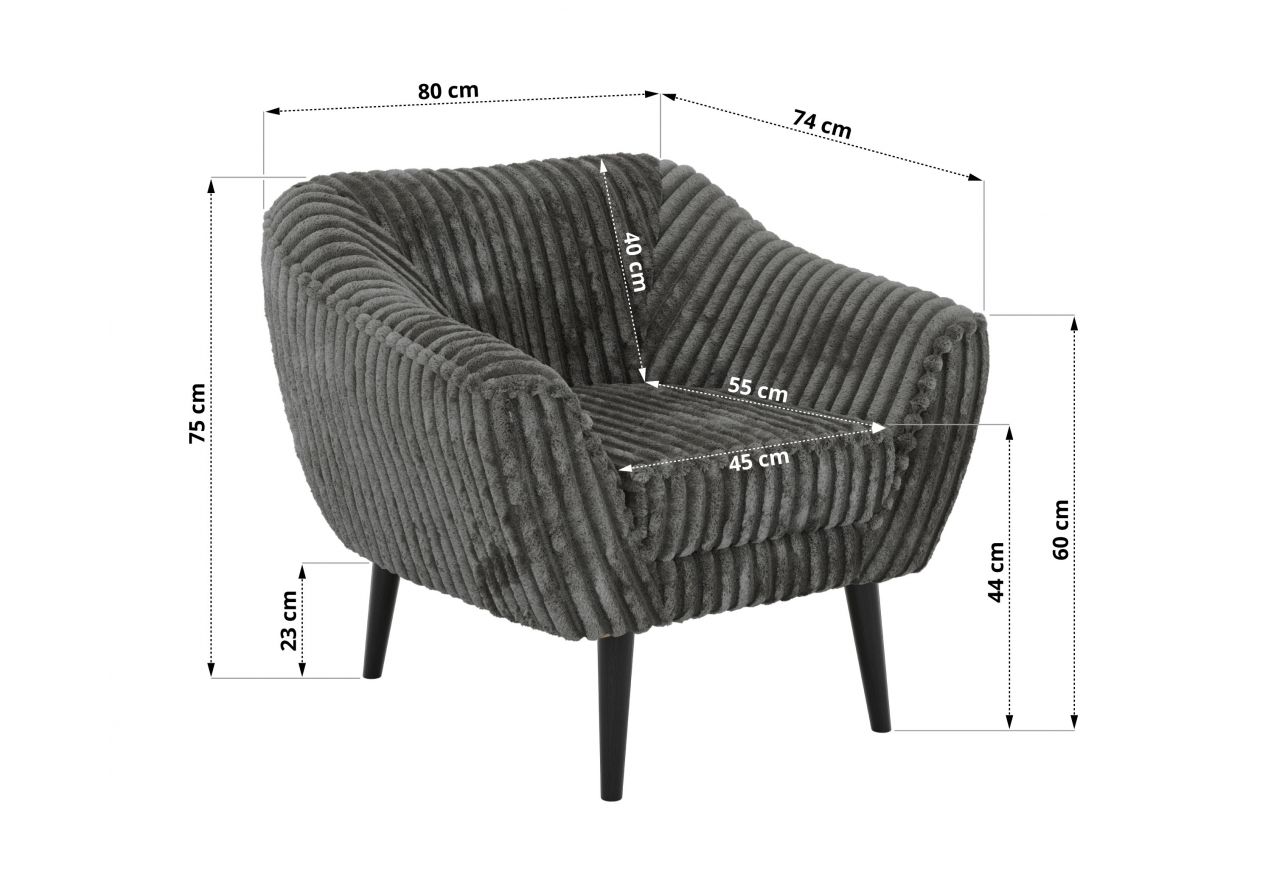 Fotel PIRS - szary, sztruks - nóżki,  czarny