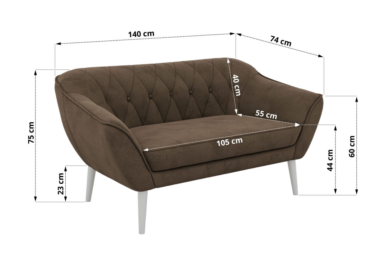 Sofa PIRS 2 - brązowy, welwet - nóżki,  biały