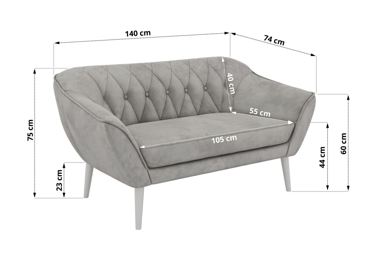 Sofa PIRS 2 - jasnoszary, welwet - nóżki,  biały