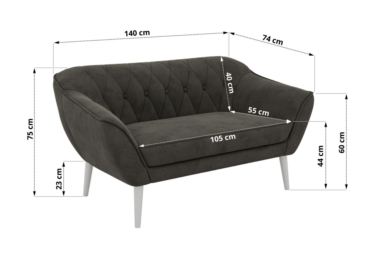 Sofa PIRS 2 - ciemnoszary, welwet - nóżki,  biały