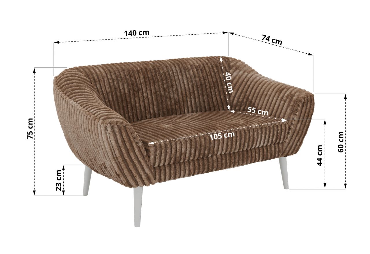 Sofa PIRS 2 - brązowy, sztruks - nóżki,  biały