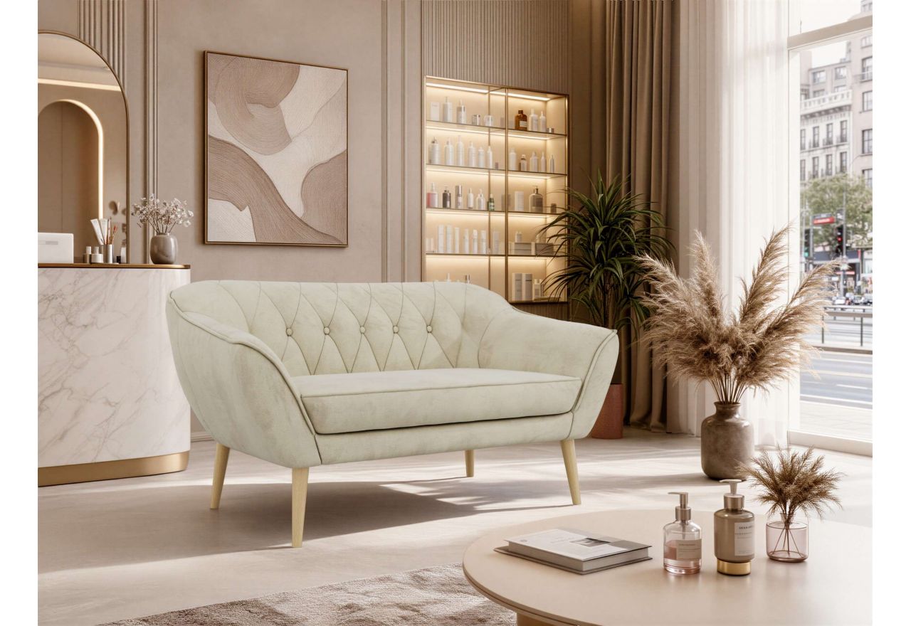 Sofa PIRS 2 - kremowy, welwet - nóżki,  buk