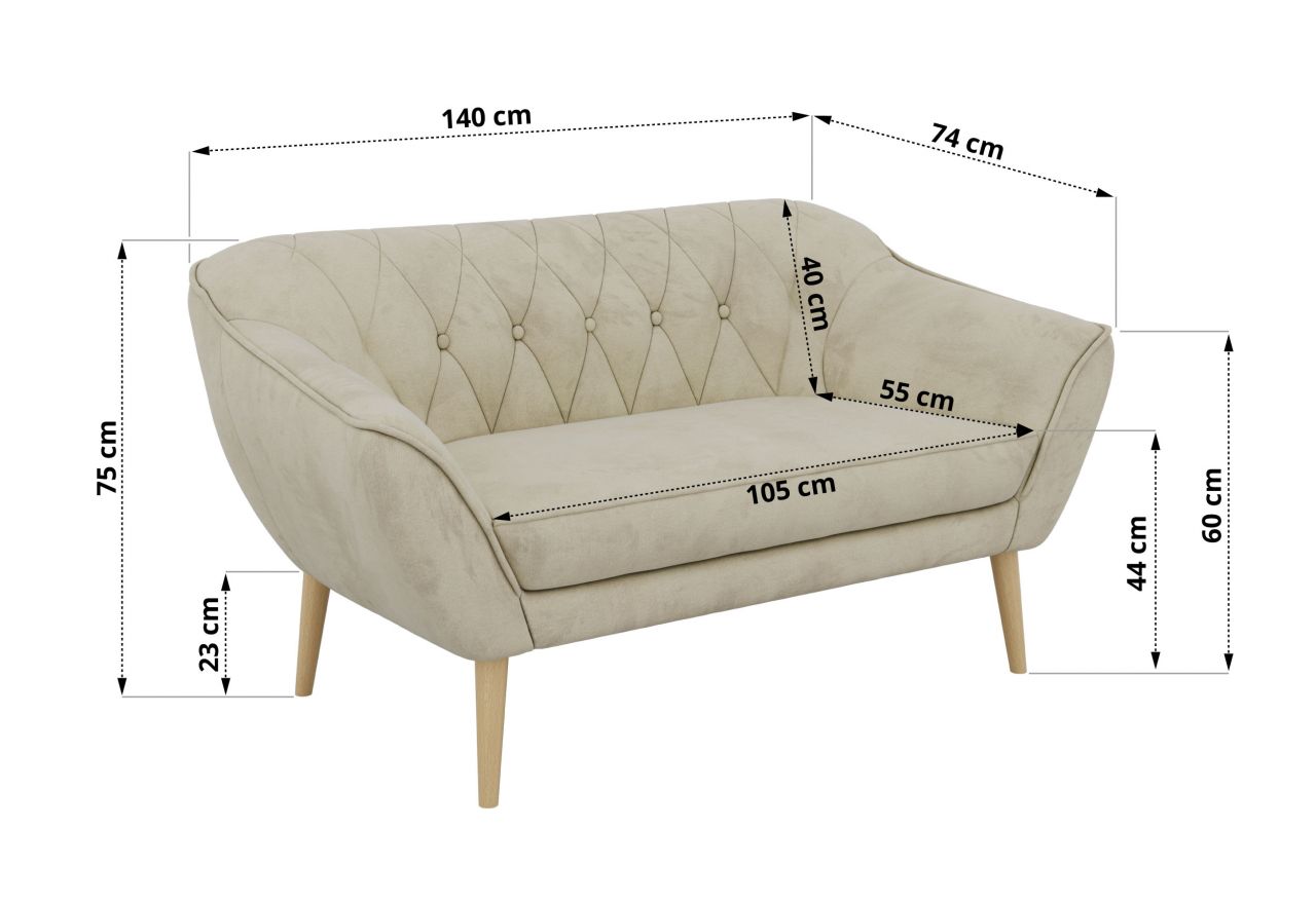 Sofa PIRS 2 - kremowy, welwet - nóżki,  buk