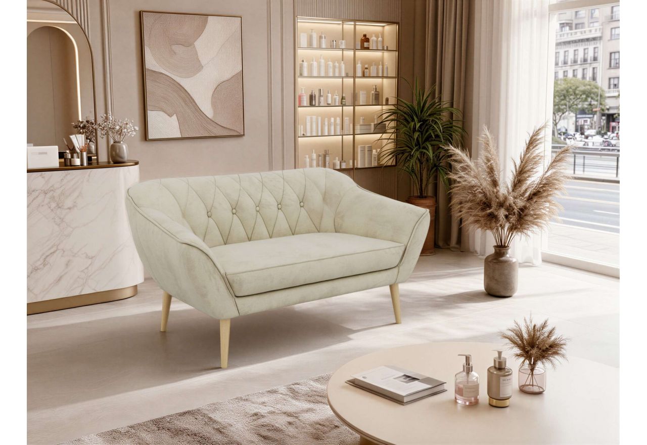 Sofa PIRS 2 - kremowy, welwet - nóżki,  buk