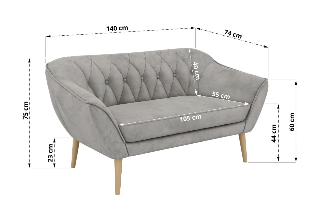 Sofa PIRS 2 - jasnoszary, welwet - nóżki,  buk
