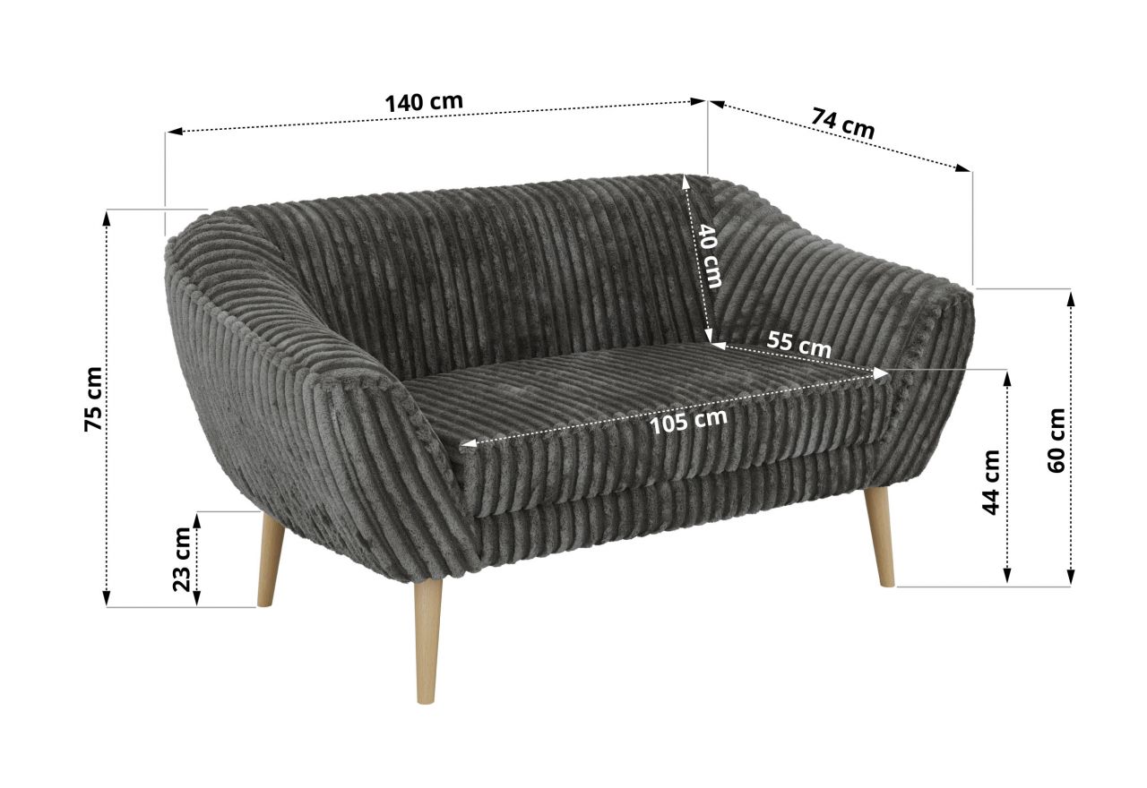 Sofa PIRS 2 - szary, sztruks - nóżki,  buk