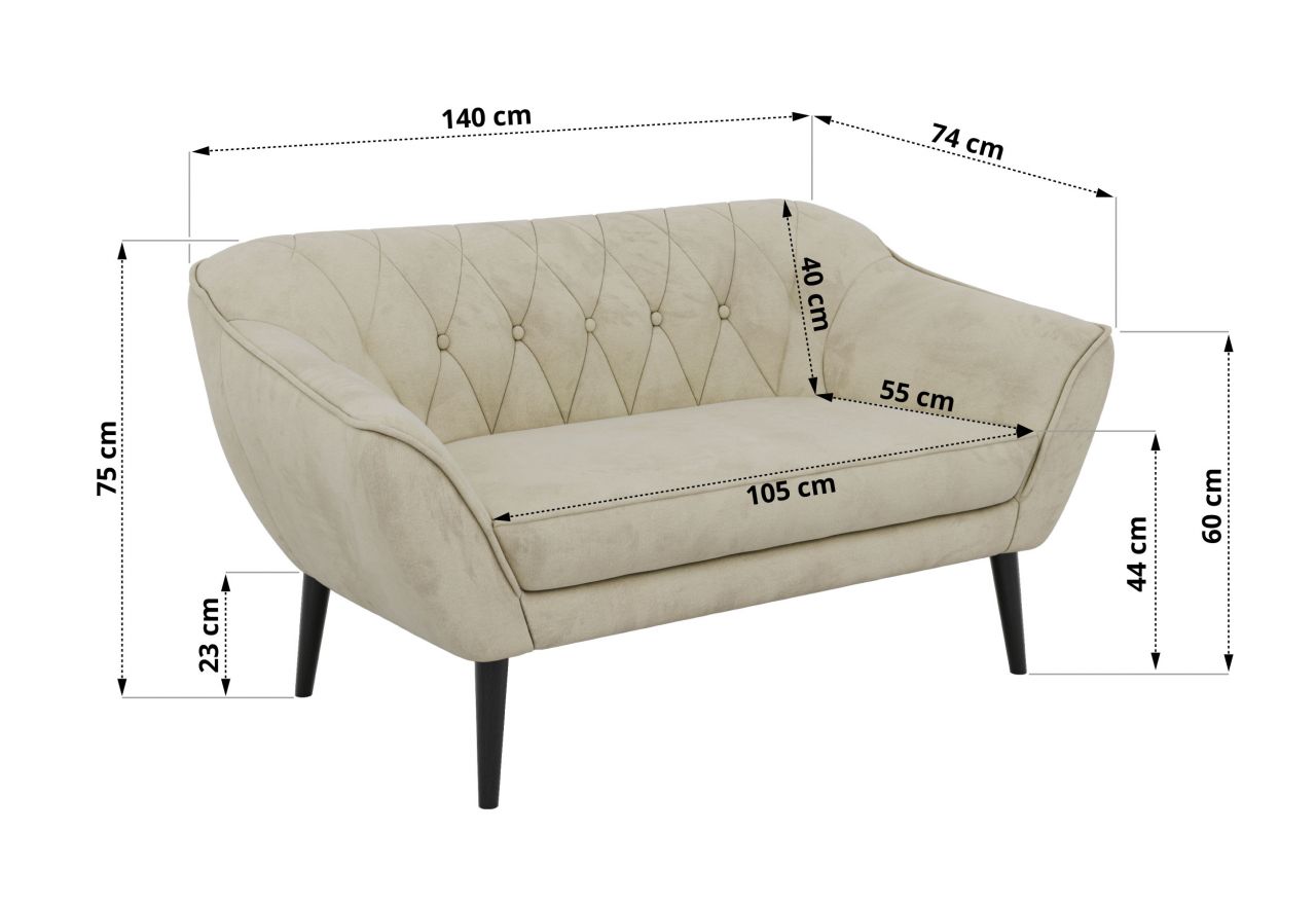 Sofa PIRS 2 - kremowy, welwet - nóżki,  czarny