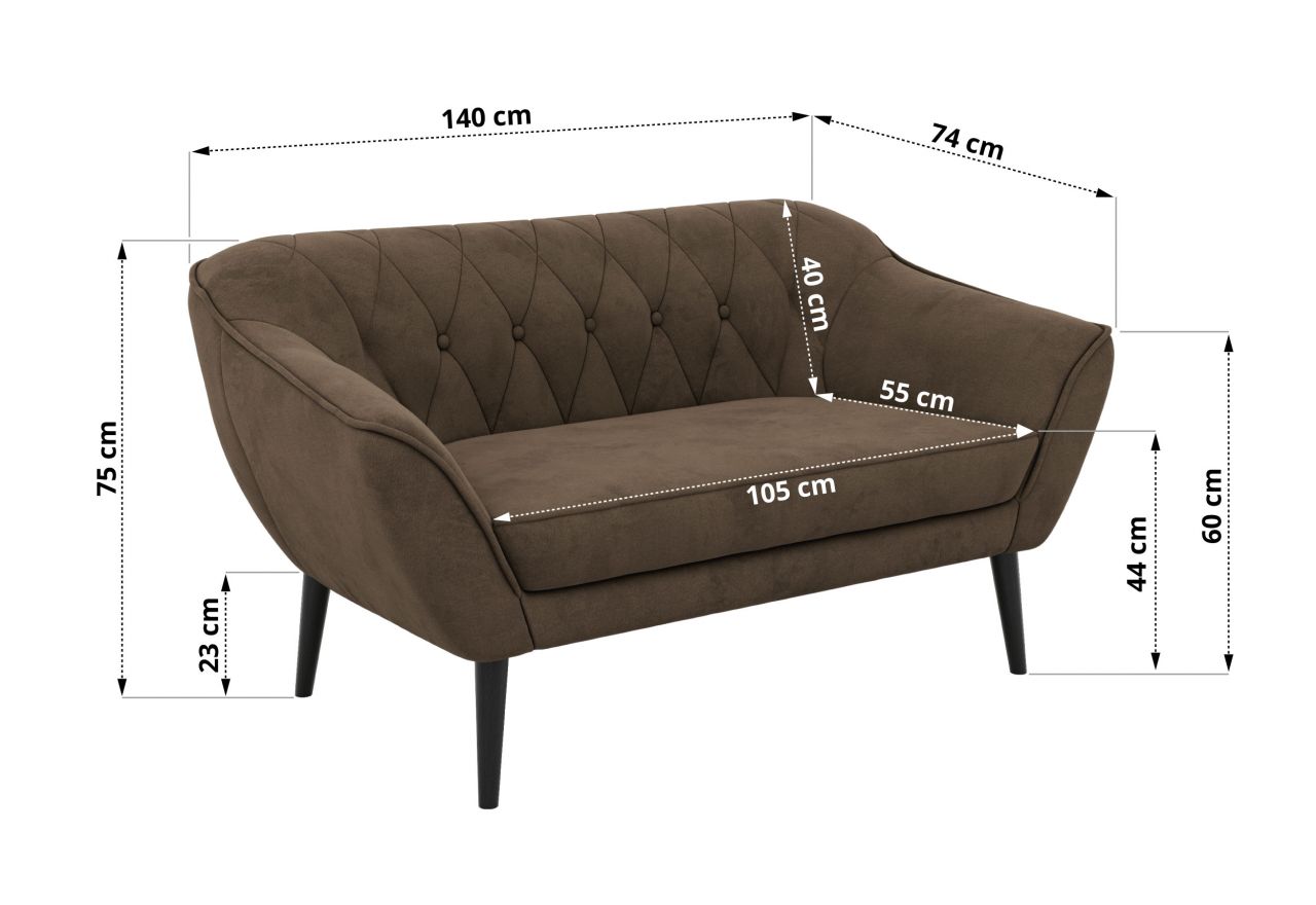 Sofa PIRS 2 - brązowy, welwet - nóżki,  czarny